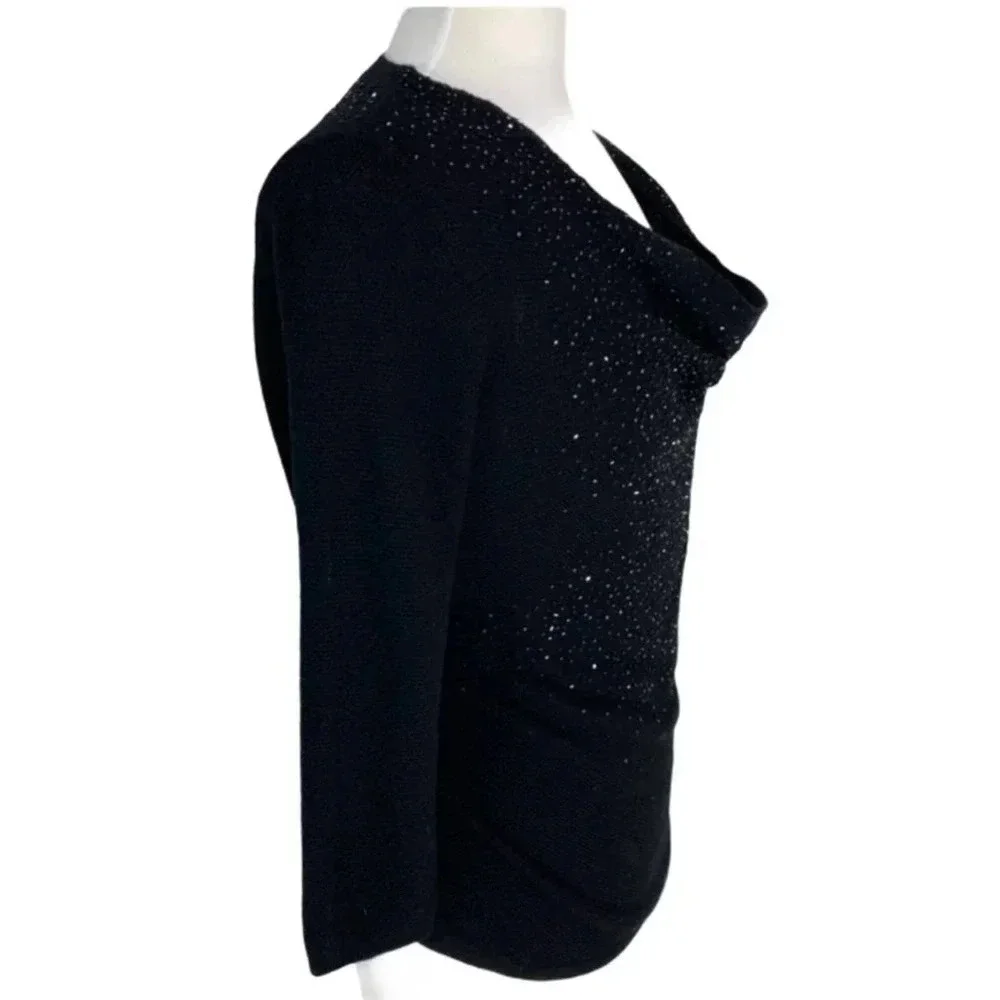 Eileen Fisher Wool Beaded Drape Cowl Neck Sweater Top Black Size XS